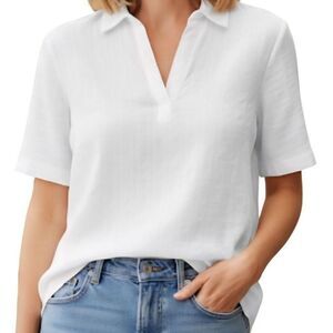 Dash Top Blouse L White Cotton Rayon Button Back Pull Over Vneck Boho Minimalist